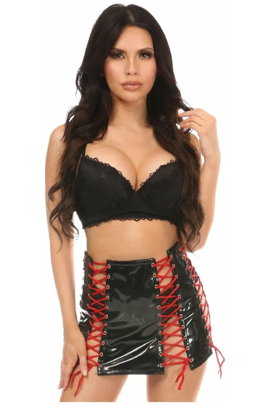 sexy lace-up lingerie for special nights-Black Patent Lace-Up Skirt w/Red Lacing