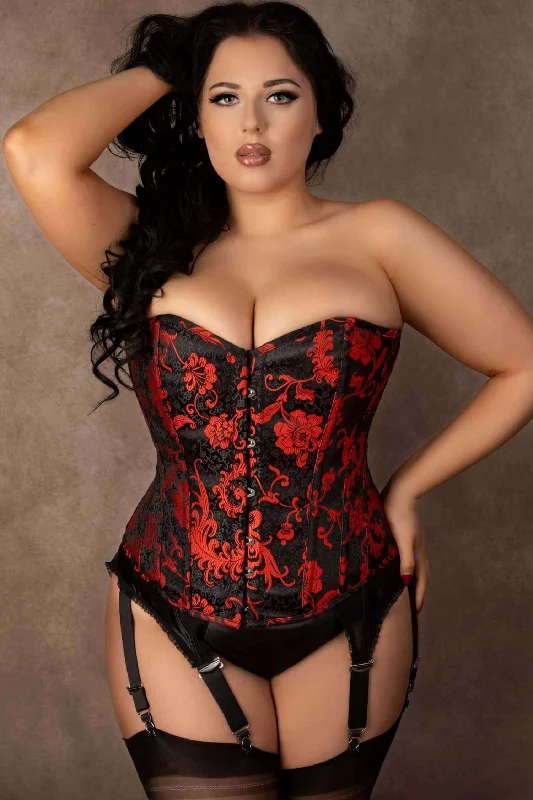 luxurious satin lingerie for honeymoon night-Plus Size Maeve Black And Red Floral Overbust Corset