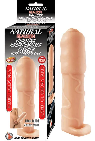 vibrating cock sleeve for improved performance during intercourse-NATURAL REALSKIN VIBRATING UNCIRCUMCISED XTENDER W/ SCROTUM RING FLESH