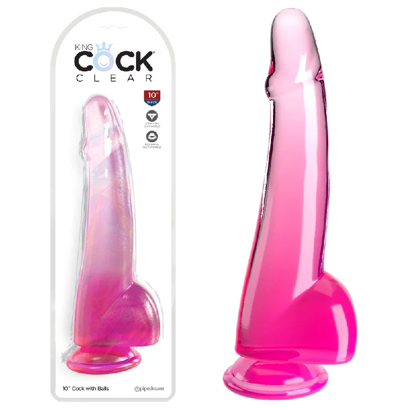 Chemical-reaction dildo-King Cock Clear 10'' Cock with Balls - Pink