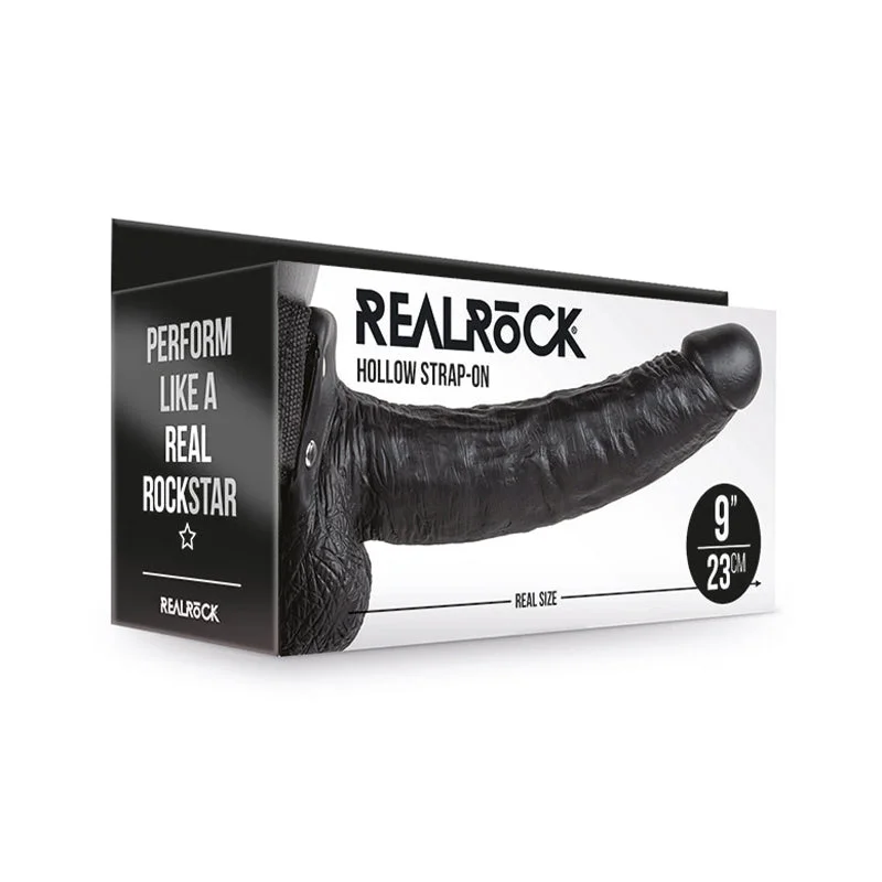 sexy lace-up lingerie for special nights-RealRock Realistic 9 in. Hollow Strap-On With Balls Black