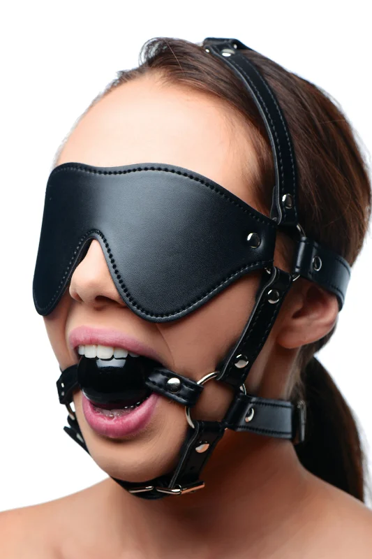 vibrating dildo with adjustable vibrations for custom orgasms-Blindfold Harness + Ball Gag