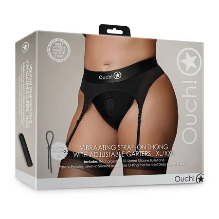 romantic lace lingerie for intimate moments-Shots Ouch Vibrating Strap On Thong w/Adjustable Garters - Black XL/XXL