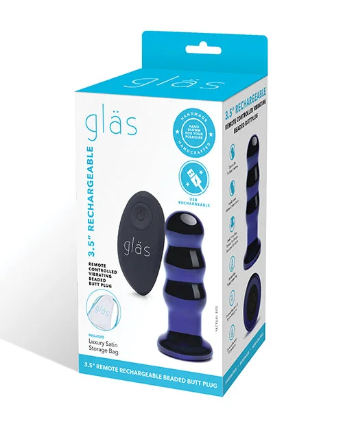 Disposable Feel Masturbator-Glas 3.5" Rechargeable Vibrating Beaded Butt Plug - Blue