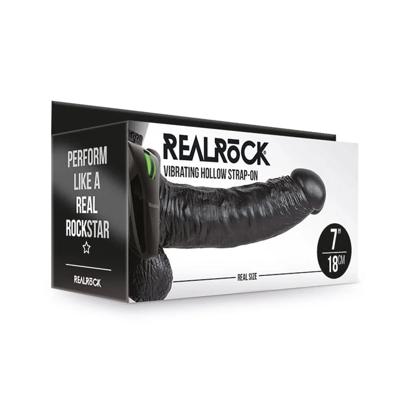 seductive satin lingerie with lace detailing-RealRock Realistic 7 in. Vibrating Hollow Strap-On With Balls Black