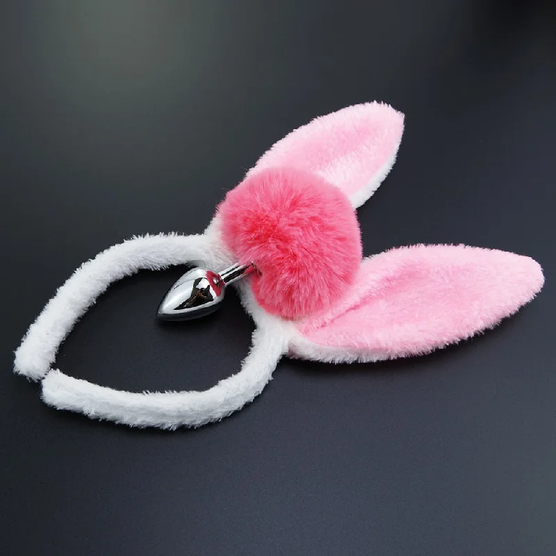 Skin-Soft Feel Masturbator-Metal Butt Plug with Cute Bunny Tail and Ears