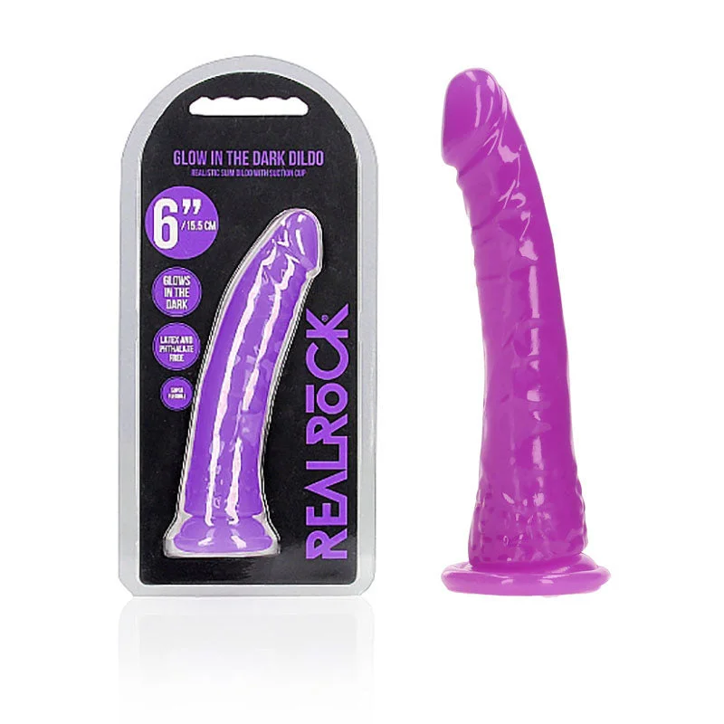 Toe-ring dildo-REALROCK 15.5 cm Slim Glow in the Dark Neon - Purple