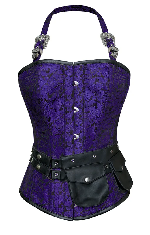 corset for bridal meshes-Rosamund Purple Corset with Strap and Faux Leather Pouch