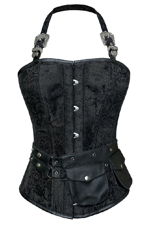 corset with ruffled fibers-Andrews Black Corset with Strap and Faux Leather Pouch