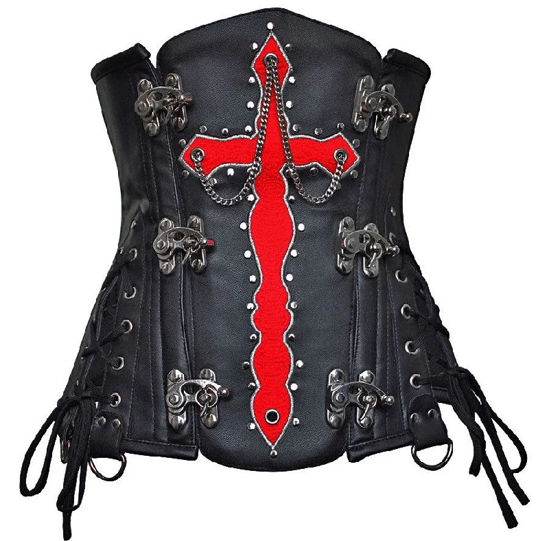 corset with velvet threads-Olesya Blood Crossed Black Faux Leather Underbust Corset