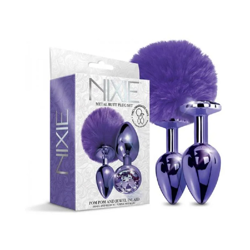 Skin-Soft Feel Masturbator-Nixie Metal Butt Plug Set Pom Pom And Jewel-inlaid Metallic Purple