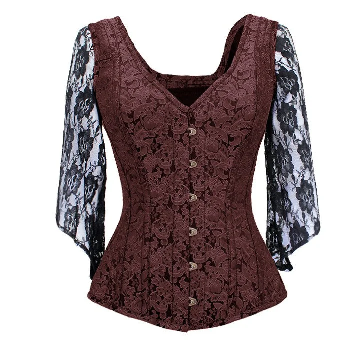 corset with layered patterns-Nila Brocade Shoulder Straps Overbust Steel Boned Corset