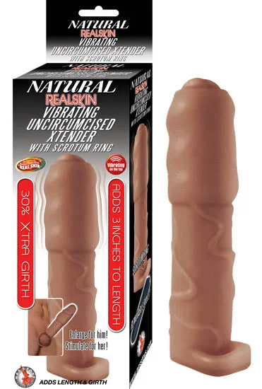 vibrating anal toy with remote control for easy play-NATURAL REALSKIN VIBRATING UNCIRCUMCISED XTENDER W/ SCROTUM RING BROWN