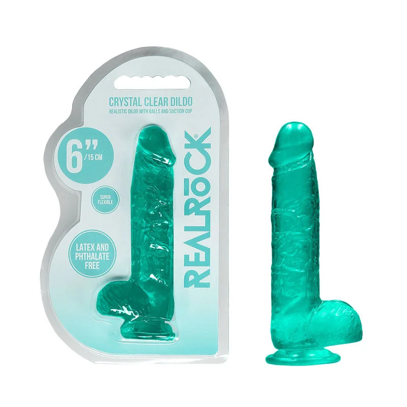 Thigh-strap dildo-REALROCK 6'' Realistic Dildo With Balls - Turquoise