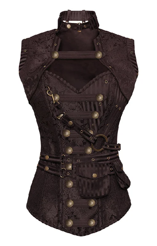 corset with structured meshes-Winslet Brown Steampunk Corset With Brown Removable Pouch