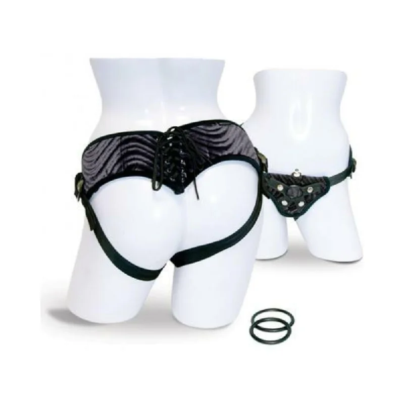 satin lingerie with lace for honeymoon-Vibrating Corsette Strap On Harness Black