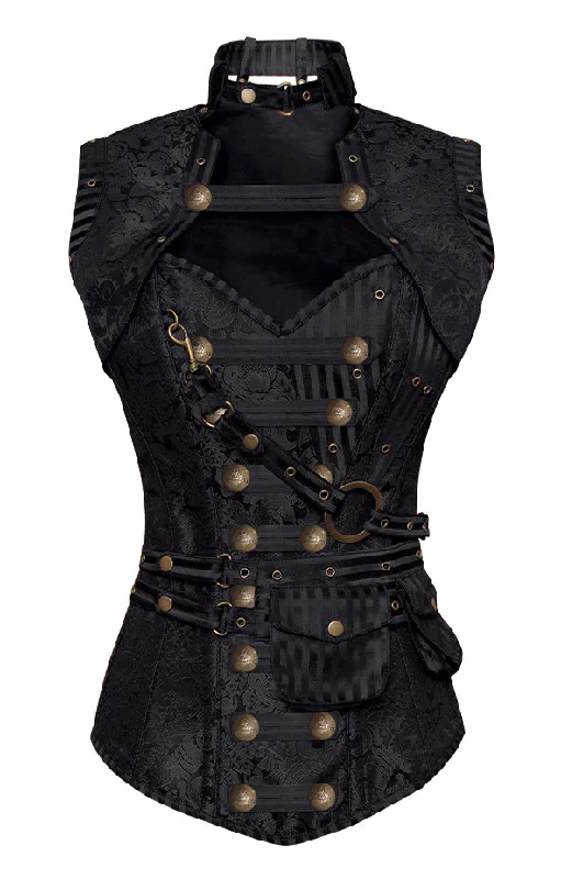 corset with velvet fibers-Blunt Black Steampunk Corset With Black Removable Pouch