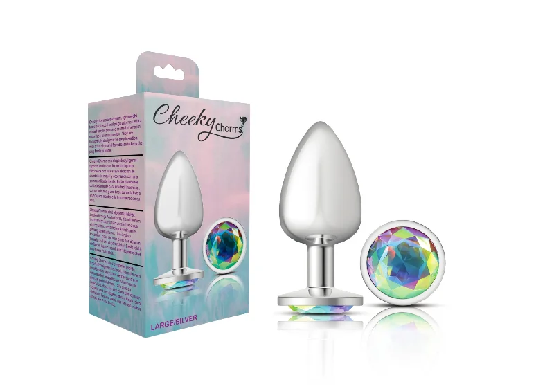 Multi-Touch Masturbator-Cheeky Charms-Silver Metal Butt Plug- Round-Clear-Large