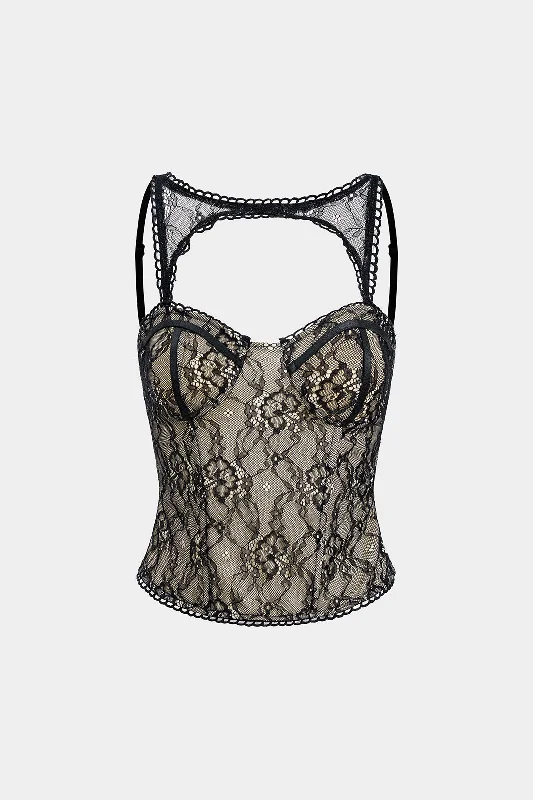 luxurious lace and satin lingerie for intimate wear-Lace Patchwork Cut Out Backless Bustier Tank Top