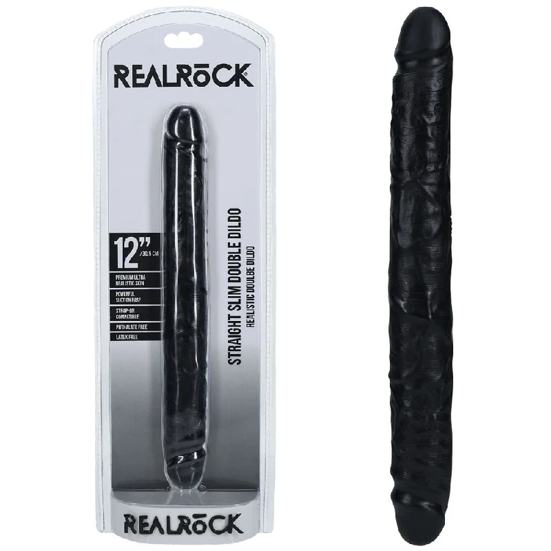 Nebula-glow dildo-REALROCK 30cm Slim Double Dildo - Black - Black 30 cm (12'') Double Dong