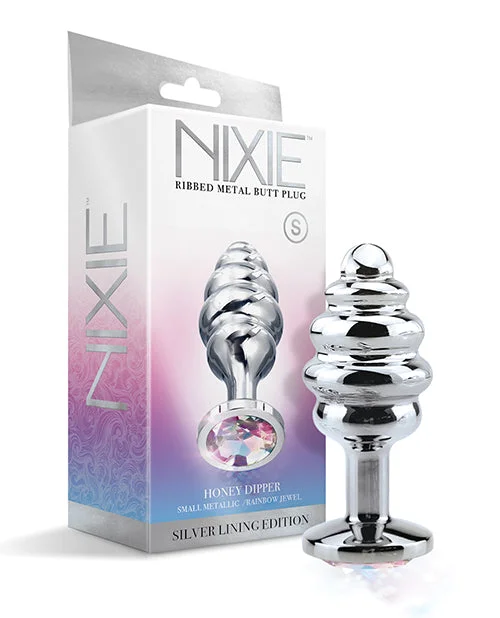 Beginner Touch Masturbator-Nixie Honey Dipper Ribbed Metal Rainbow Jeweled Butt Plug