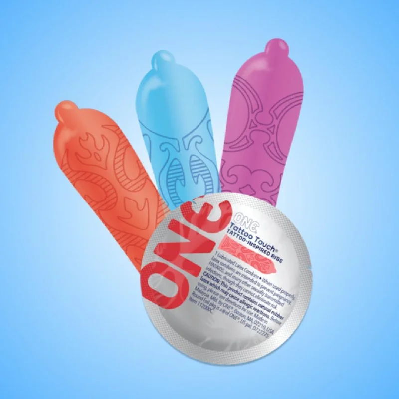 vibrating cock sleeve for better performance during intercourse-ONE Tattoo Touch Ribbed Condoms