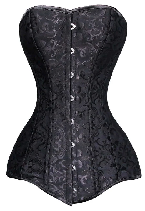 sexy lace lingerie with satin straps-Black Jacquard Weave Longline Overbust Corset