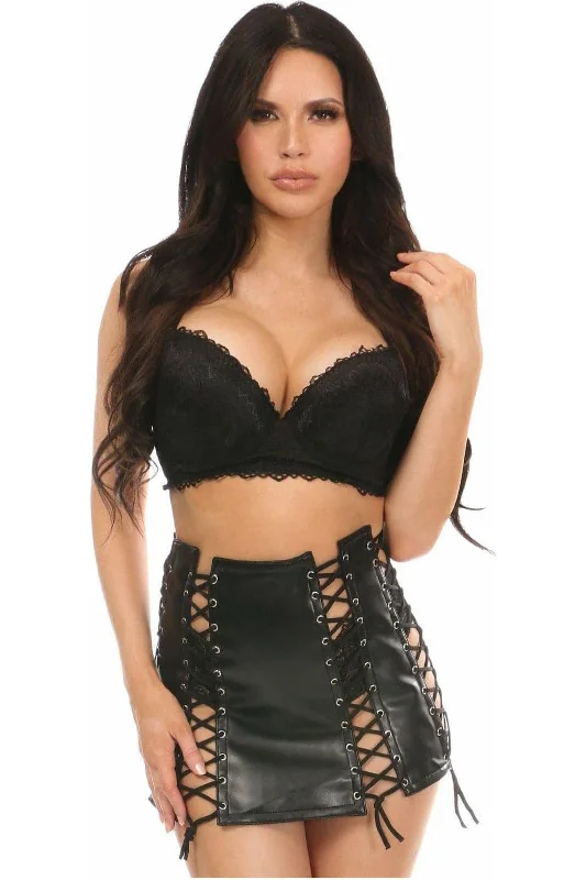 elegant satin and lace lingerie for honeymoon-Black Faux Leather Lace-Up Skirt