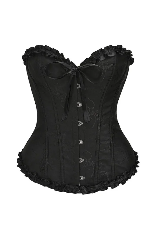 romantic satin lingerie with lace and silk-Black Floral Overbust Corset