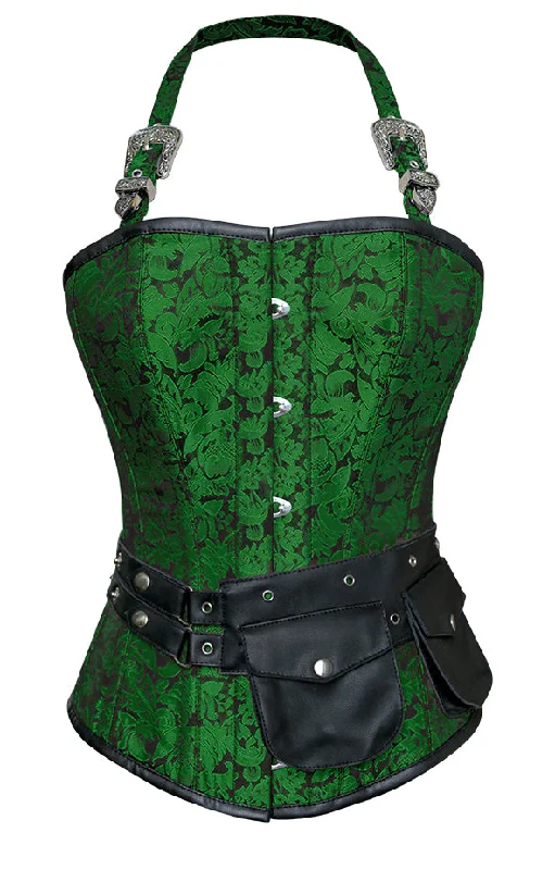 corset for steampunk meshes-Naomie Green Corset with Strap and Faux Leather Pouch