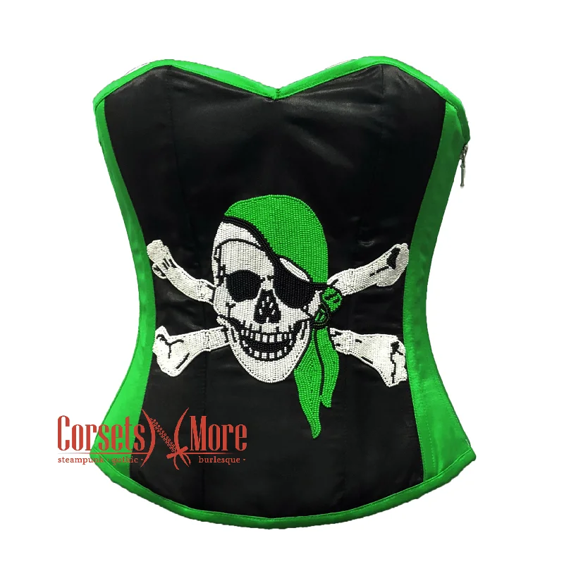 sexy lace and satin corset with ribbon-Green and Black Satin Pirate Sequins Work Costume Bustier Steampunk Waist Cincher Overbust Top