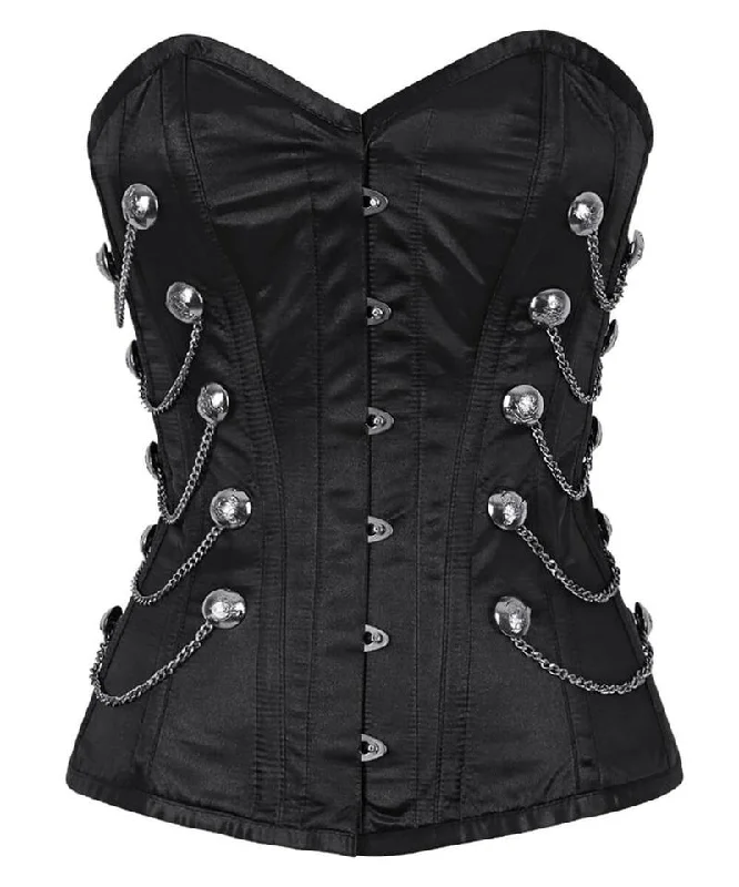 corset with layered nets-Lowndes Steel Boned Overbust Black Corset with Chains