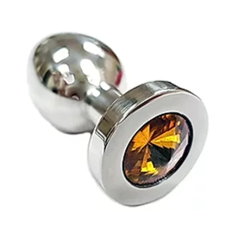 Versatile Feel Masturbator-Stainless Steel  Smooth Medium Butt Plug Yellow Crystal  In Clamshell