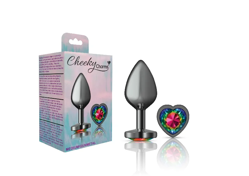 High-Touch Solo Masturbator-Cheeky Charms-Gunmetal Metal Buttplug- Heart-Rainbow-Medium