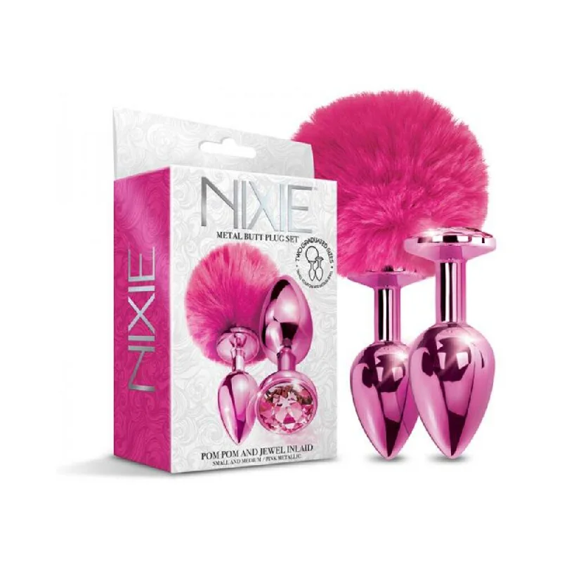 Rechargeable Feel Masturbator-Nixie Metal Butt Plug Set Pom Pom And Jewel-inlaid Metallic Pink