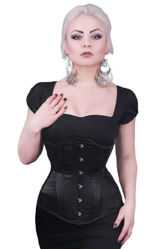 comfortable satin sleepwear with lace-Black Satin Long Steel Boned Corset