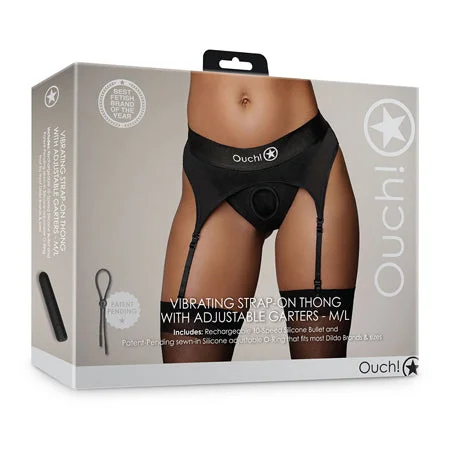 luxurious satin lingerie for honeymoon night-Shots Ouch Vibrating Strap On Thong w/Adjustable Garters - Black M/L