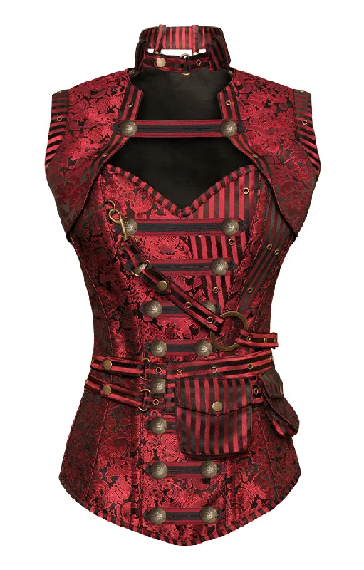 corset for evening meshes-Judi Red Steampunk Corset With Red Removable Pouch