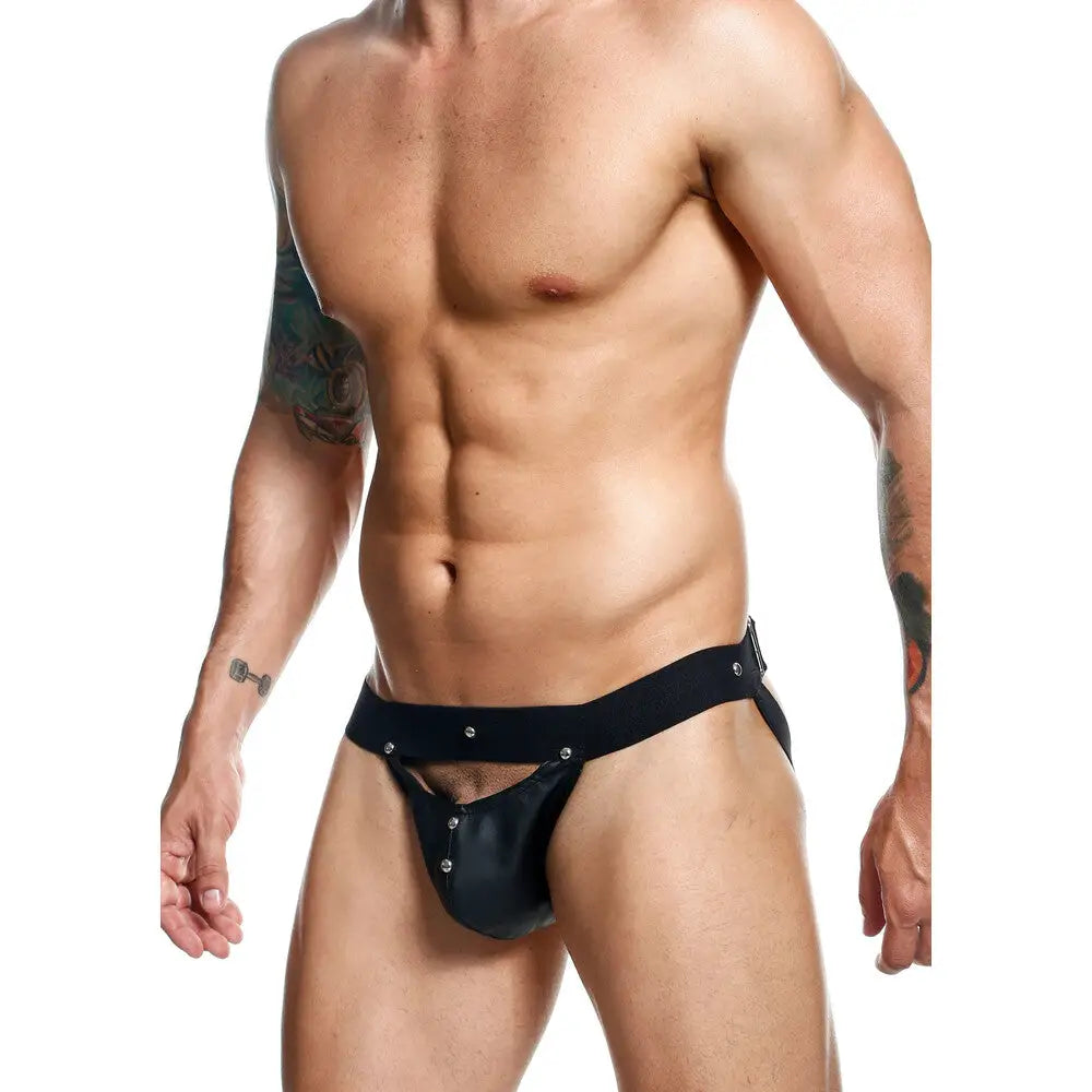 sexy lace teddy for bridal wear-Black Leather Male Peekaboo Jockstrap one Size with Studs