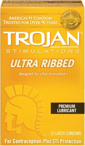 vibrating sex toy for couples with app-controlled features-Trojan Stimulations Ulta Ribbed - 12 Pack