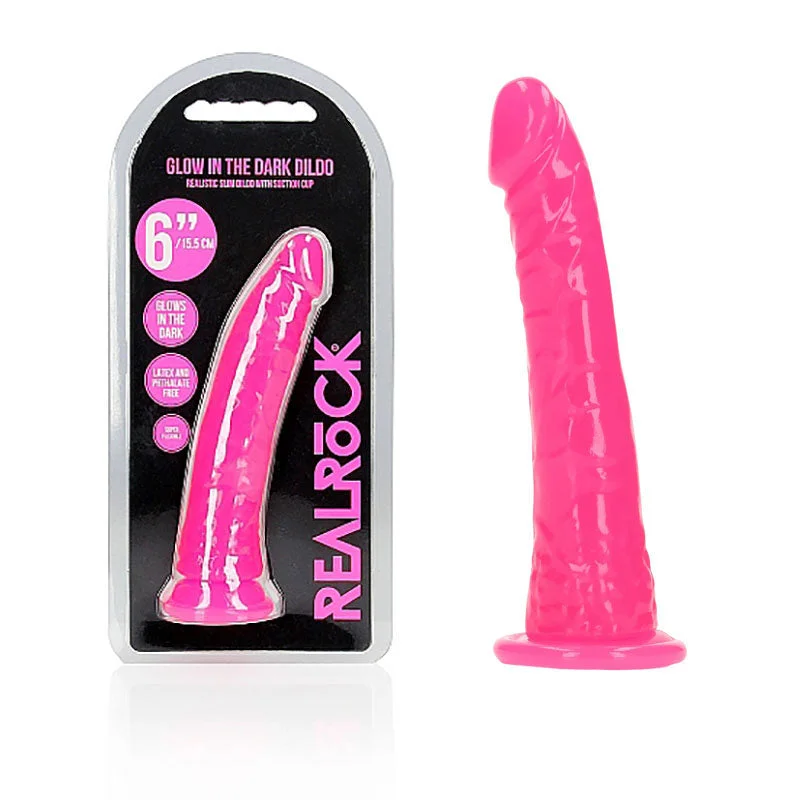 Solstice-long dildo-REALROCK 15.5 cm Slim Glow in the Dark Neon - Pink