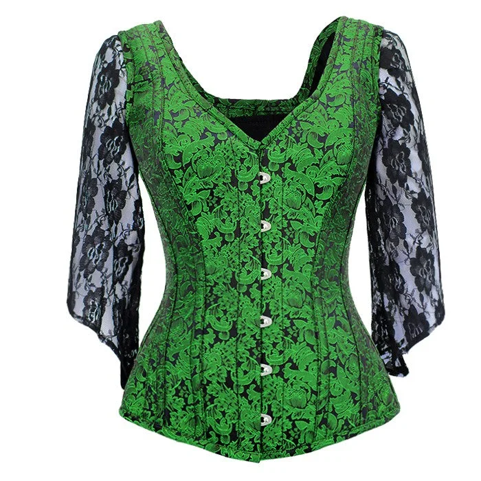 corset with metallic patterns-Nikki Brocade Shoulder Straps Overbust Steel Boned Corset