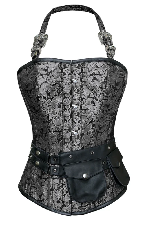 corset with lace meshes-Christie Silver Corset with Strap and Faux Leather Pouch