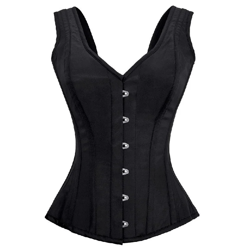 corset with leather patterns-Octavia Black Satin Shoulder Straps Overbust Steel Boned Corset