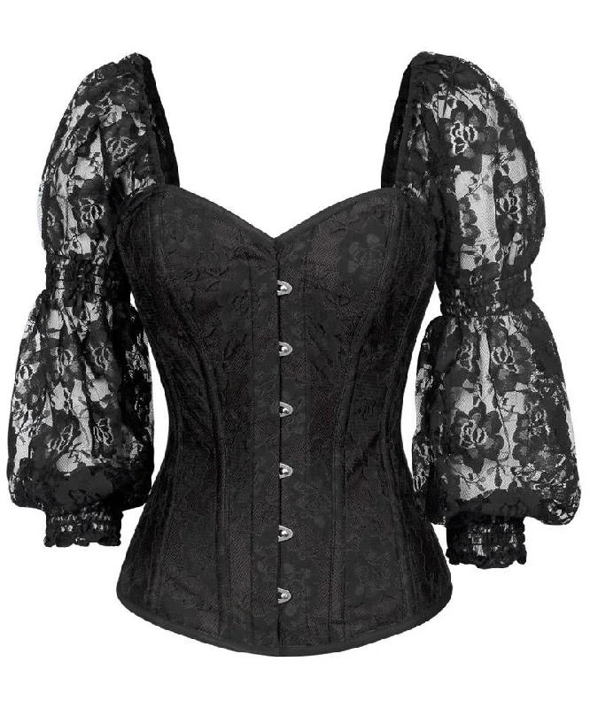 corset for fashion threads-Shayk Lace Overlay Black Overbust Corset with Attached Sleeve