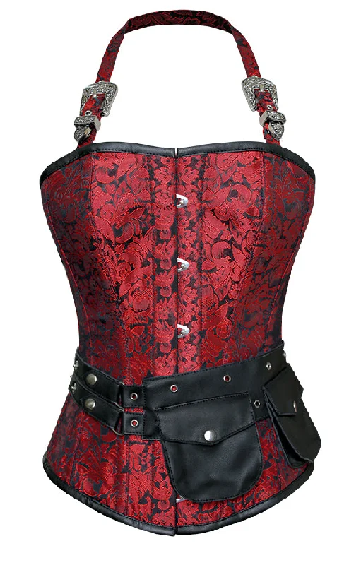 corset with halter fibers-Zeta Red Corset with Strap and Faux Leather Pouch