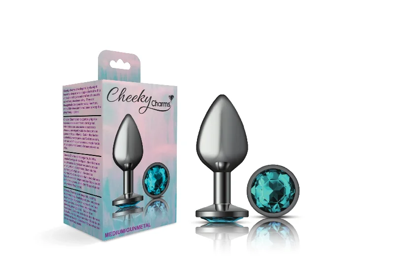 Low-Noise Touch Solo Masturbator-Cheeky Charms-Gunmetal Metal Butt Plug- Round-Teal-Medium