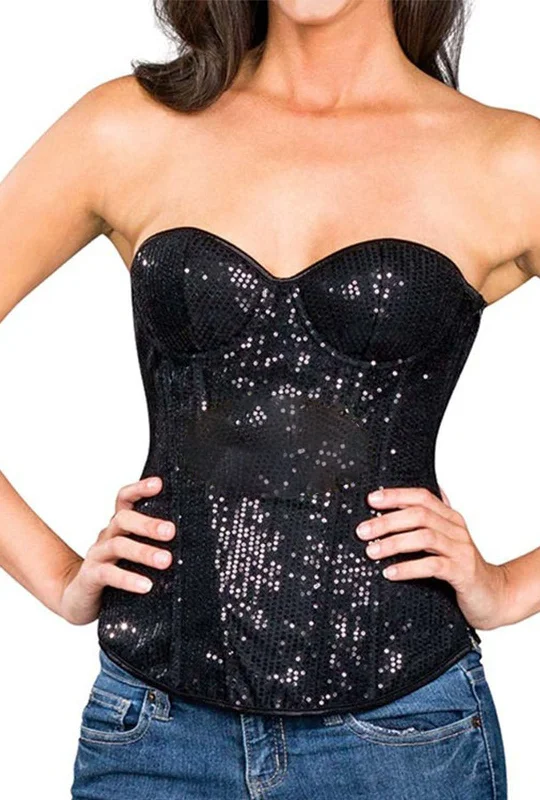 seductive satin chemise with lace accents for honeymoon-Black Sequin Corset