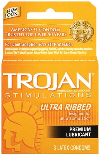 vibrating dildo with suction cup for hands-free pleasure-Trojan Stimulations Ultra Ribbed Lubricated Condoms - 3 Pack